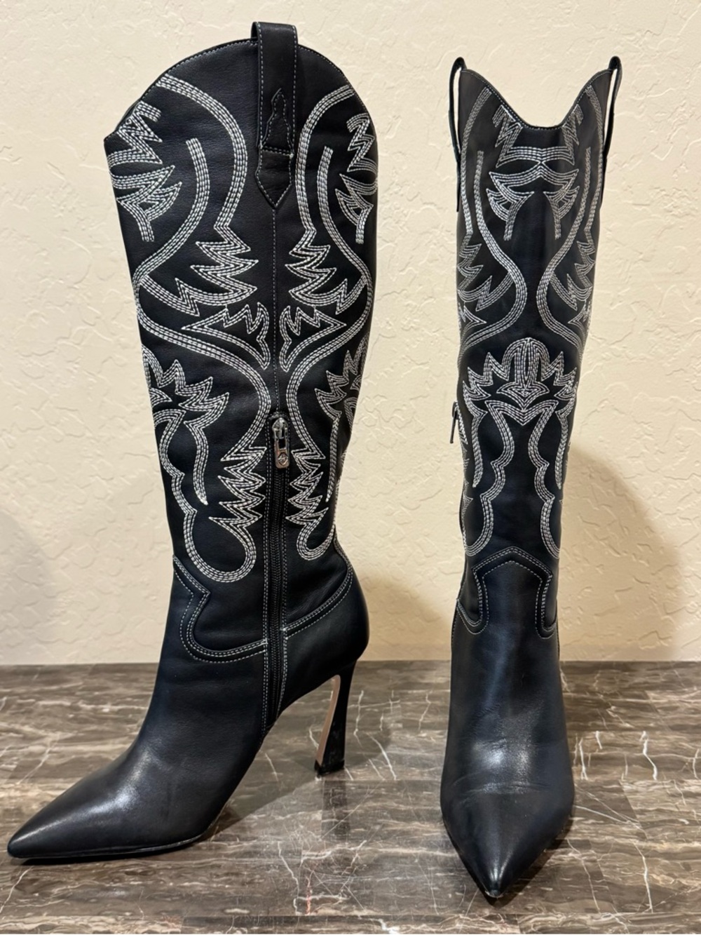 Antonio Melani Embroidered Leather Knee High Heeled Cowboy Boots - Picture 14 of 14
